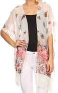 Sakkas Yew Long Wide Sheer Printed Fringe Bottom Short Draped Sleeve Kimono Top#color_Bf8509P-pnk