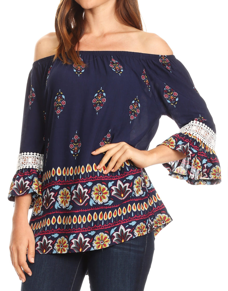 Sakkas Licia Peasant Boho Off-shoulder Top Blouse Floral Paisley with Crochet Lace