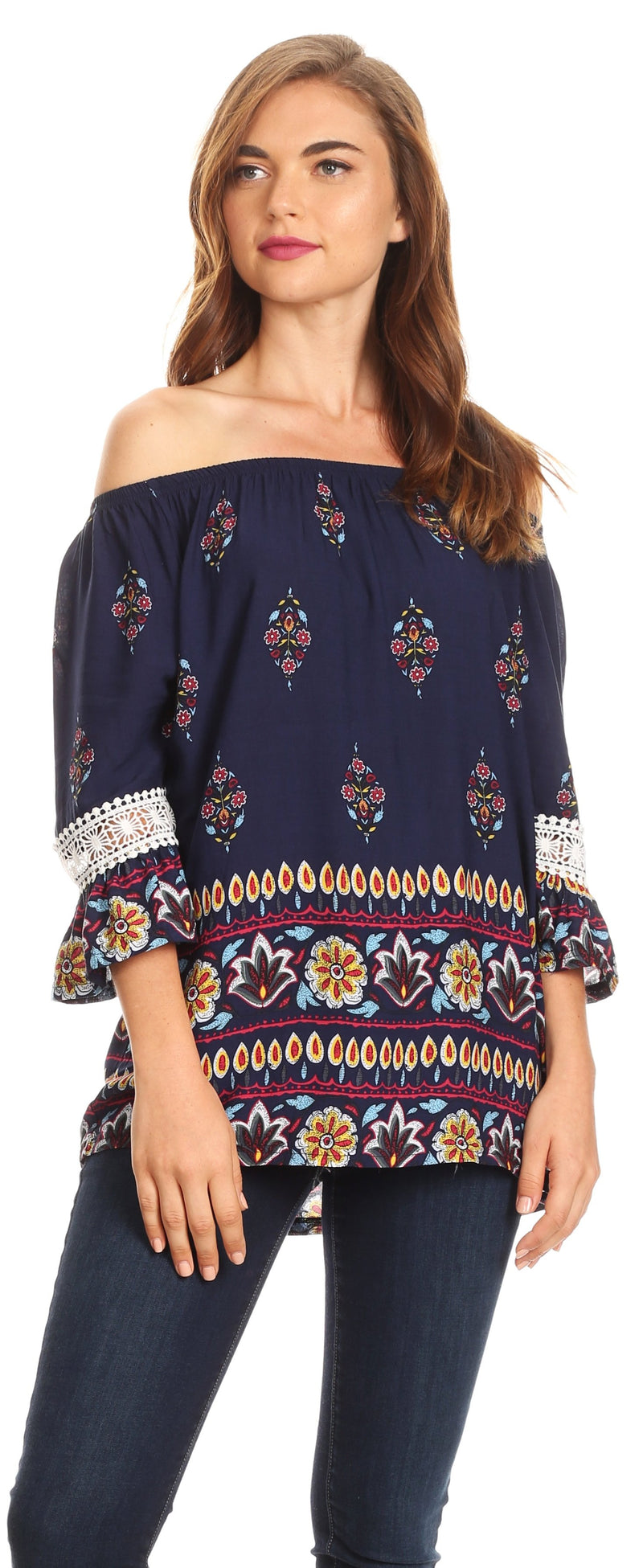 Sakkas Licia Peasant Boho Off-shoulder Top Blouse Floral Paisley with Crochet Lace