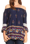 Sakkas Licia Peasant Boho Off-shoulder Top Blouse Floral Paisley with Crochet Lace#color_Blue-Multi