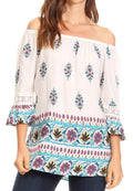 Sakkas Licia Peasant Boho Off-shoulder Top Blouse Floral Paisley with Crochet Lace#color_White-Multi/Turquoise