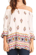 Sakkas Licia Peasant Boho Off-shoulder Top Blouse Floral Paisley with Crochet Lace#color_White-Multi/orange