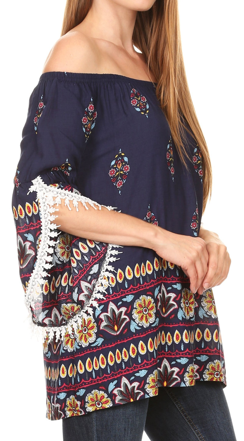 Sakkas Kadin Peasant Boho Off-Shoulder 3/4 sleeve Top Blouse with Crochet Lace