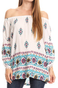Sakkas Kadin Peasant Boho Off-Shoulder 3/4 sleeve Top Blouse with Crochet Lace#color_White-Multi/Turquoise