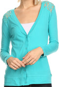 Sakkas Kaiy Tall Long Sleeve Crochet Lace Open Back Button Up Cardigan Top V Neck#color_Aqua