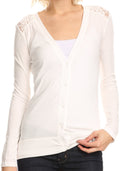 Sakkas Kaiy Tall Long Sleeve Crochet Lace Open Back Button Up Cardigan Top V Neck#color_White