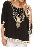 Sakkas Moonla Wide Embroidered Tassel Neck Closure Poncho Tunic Blouse Shirt Top #color_Black
