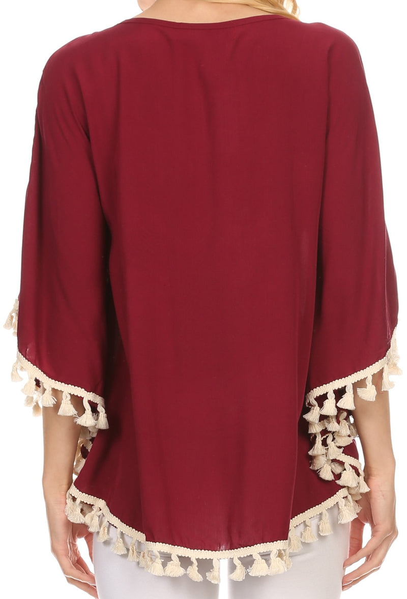 Sakkas Moonla Wide Embroidered Tassel Neck Closure Poncho Tunic Blouse Shirt Top