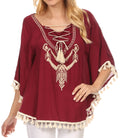 Sakkas Moonla Wide Embroidered Tassel Neck Closure Poncho Tunic Blouse Shirt Top #color_Burgundy