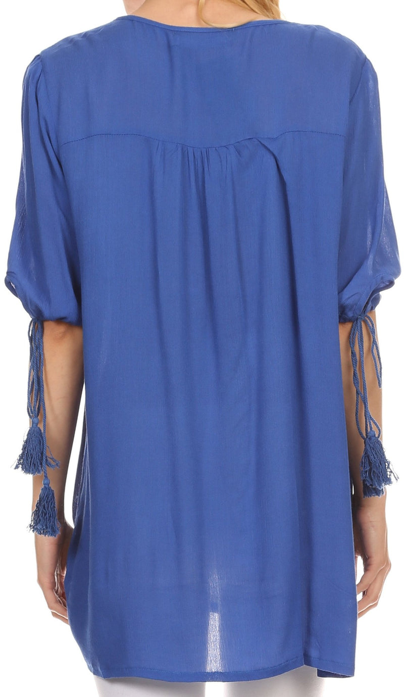 Sakkas Bonda Long 3/4 Sleeve Batik Floral Embroidered Tassle Blouse Shirt Top
