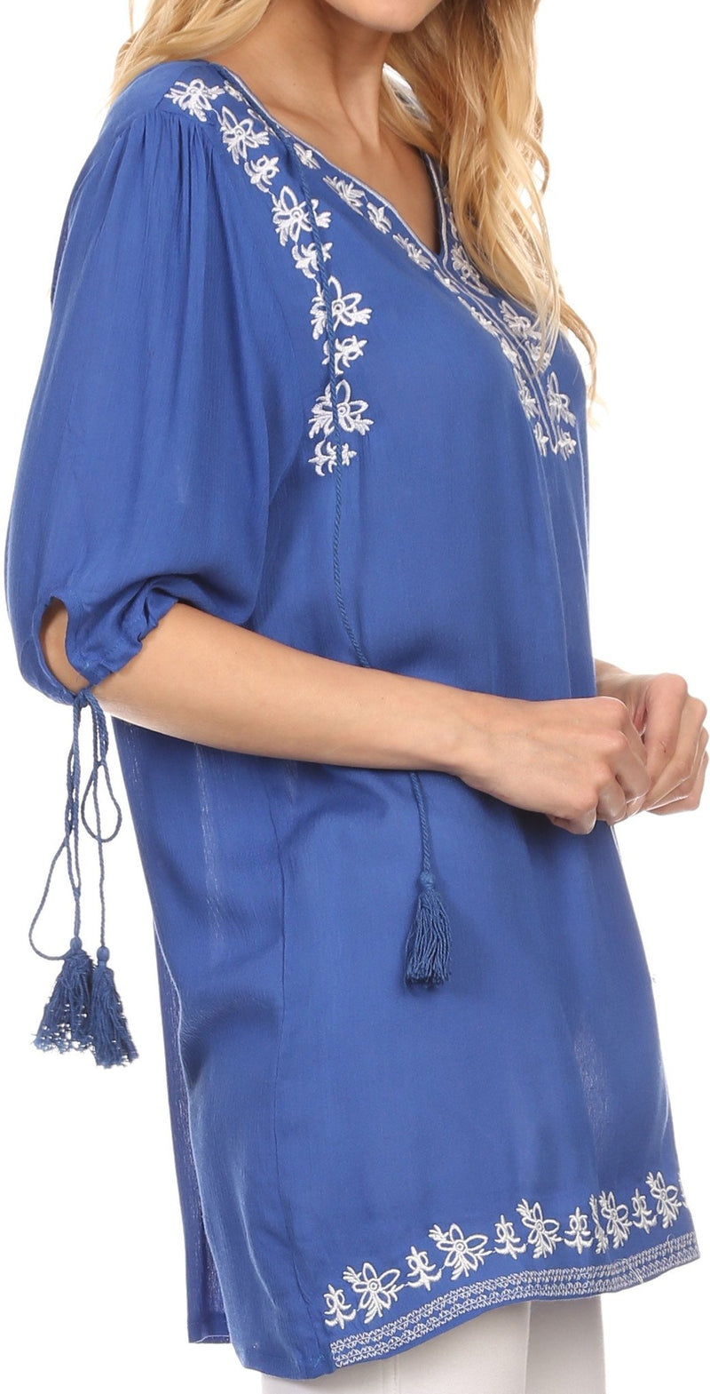 Sakkas Bonda Long 3/4 Sleeve Batik Floral Embroidered Tassle Blouse Shirt Top