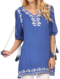 Sakkas Bonda Long 3/4 Sleeve Batik Floral Embroidered Tassle Blouse Shirt Top#color_Blue