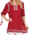 Sakkas Bonda Long 3/4 Sleeve Batik Floral Embroidered Tassle Blouse Shirt Top#color_Red