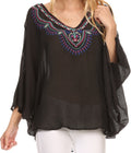 Sakkas Kace Wide Loose Sleeveless Or Short Sleeve Batik Poncho Top Shirt Blouse #color_Black