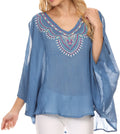 Sakkas Kace Wide Loose Sleeveless Or Short Sleeve Batik Poncho Top Shirt Blouse #color_Blue