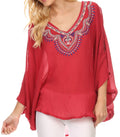 Sakkas Kace Wide Loose Sleeveless Or Short Sleeve Batik Poncho Top Shirt Blouse #color_Red