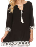 Sakkas Lungora Long Lace Crochet Embroidered Tassel Batik Tunic Blouse Shirt Top#color_Black