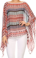 Sakkas Luiem Long Tall Wide Tribal Print Multi Colored Tassel Poncho Top Blouse#color_Red