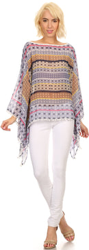Sakkas Luiem Long Tall Wide Tribal Print Multi Colored Tassel Poncho Top Blouse