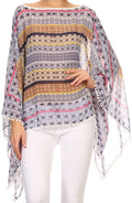 Sakkas Luiem Long Tall Wide Tribal Print Multi Colored Tassel Poncho Top Blouse#color_Violet