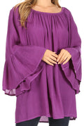 Sakkas Anna Casual Flowy Wide Neck 3/4 Sleeve Light Summer Boho Blouse Top #color_Purple