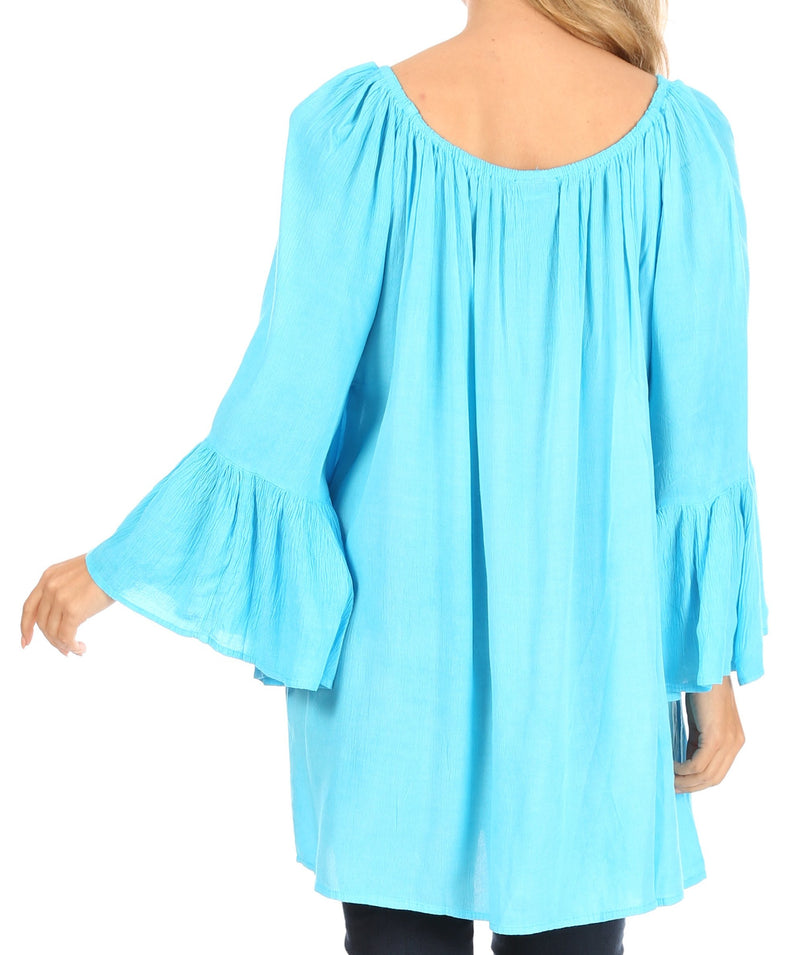 Sakkas Anna Casual Flowy Wide Neck 3/4 Sleeve Light Summer Boho Blouse Top