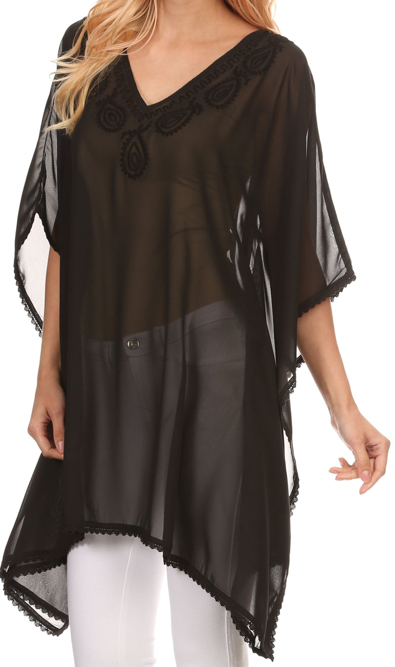 Sakkas Mikaee Sheer Wide Long Tall V-Neck Lace Embroidered Poncho Top Blouse