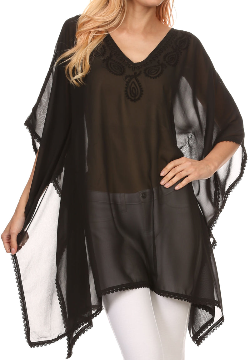 Sakkas Mikaee Sheer Wide Long Tall V-Neck Lace Embroidered Poncho Top Blouse