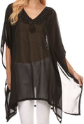 Sakkas Mikaee Sheer Wide Long Tall V-Neck Lace Embroidered Poncho Top Blouse#color_Black