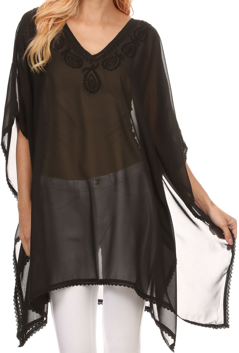 Sakkas Mikaee Sheer Wide Long Tall V-Neck Lace Embroidered Poncho Top Blouse
