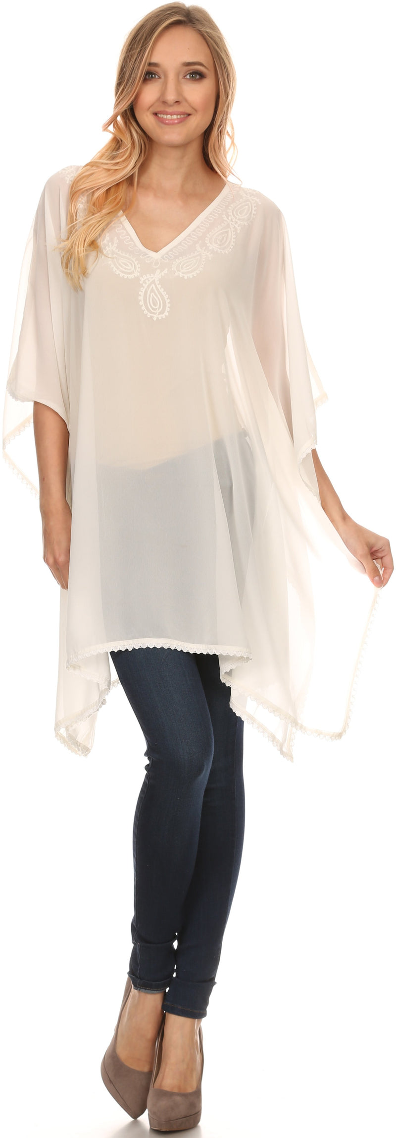 Sakkas Mikaee Sheer Wide Long Tall V-Neck Lace Embroidered Poncho Top Blouse