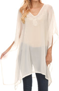 Sakkas Mikaee Sheer Wide Long Tall V-Neck Lace Embroidered Poncho Top Blouse#color_White