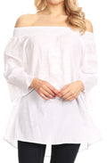Sakkas Kaja Womens Peasant Off shoulder Cotton & Embroidery Blouse Top Relax Fit#color_White 