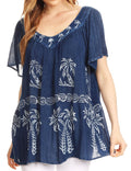 Sakkas Denika Lovely V Neck Short Sleeve Stone Wash Printed Casual  Top Blouse #color_Blue