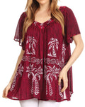 Sakkas Denika Lovely V Neck Short Sleeve Stone Wash Printed Casual  Top Blouse #color_Fuchsia