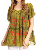 Sakkas Denika Lovely V Neck Short Sleeve Stone Wash Printed Casual  Top Blouse #color_Yellow