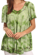 Sakkas Short Sleeve Vine Print V-neck Peasant Top with Beads and Embroidery#color_Green