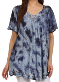 Sakkas Short Sleeve Vine Print V-neck Peasant Top with Beads and Embroidery#color_Indigo