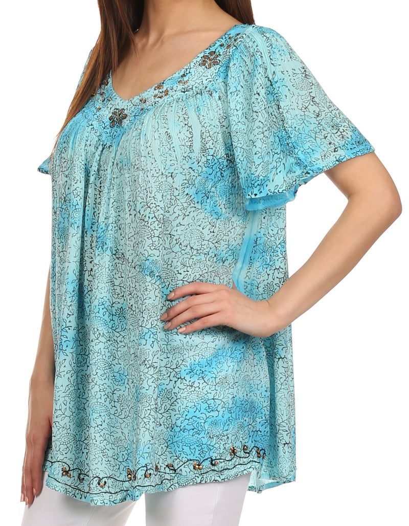 Sakkas Short Sleeve Vine Print V-neck Peasant Top with Beads and Embroidery
