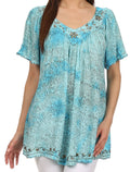 Sakkas Short Sleeve Vine Print V-neck Peasant Top with Beads and Embroidery#color_LightBlue