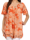 Sakkas Short Sleeve Vine Print V-neck Peasant Top with Beads and Embroidery#color_Orange