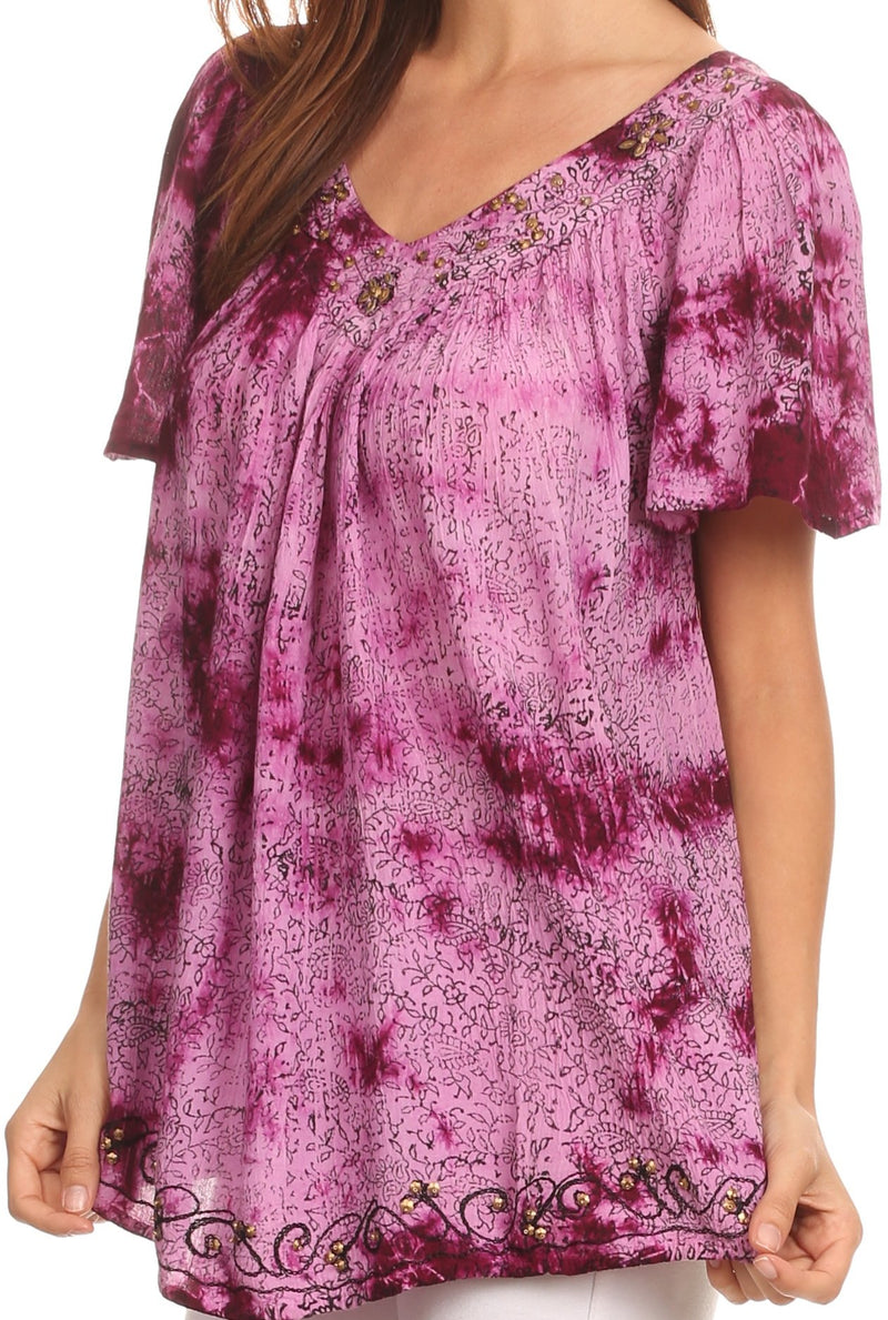 Sakkas Short Sleeve Vine Print V-neck Peasant Top with Beads and Embroidery