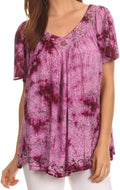 Sakkas Short Sleeve Vine Print V-neck Peasant Top with Beads and Embroidery#color_Purple