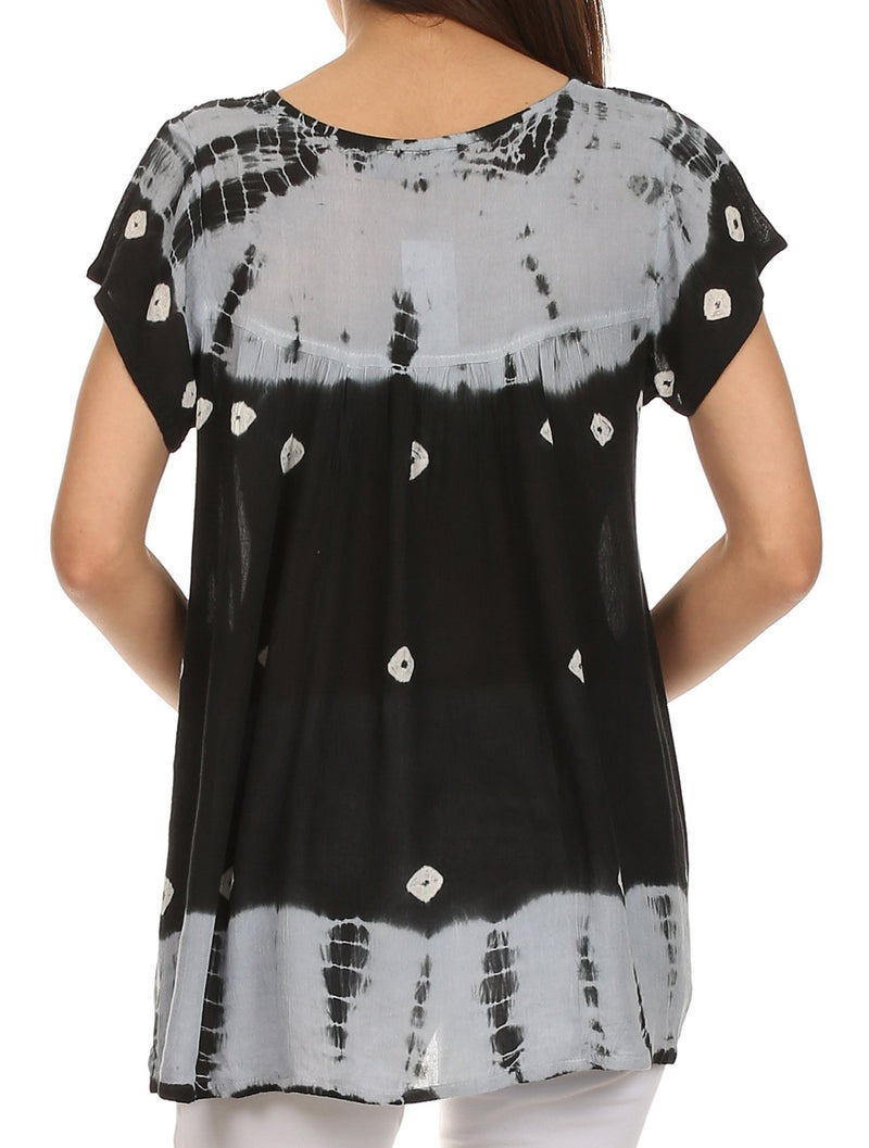 Sakkas Short Sleeve Tie Dye Gingham Peasant Top with Sequin Embroidery