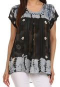 Sakkas Short Sleeve Tie Dye Gingham Peasant Top with Sequin Embroidery#color_Black
