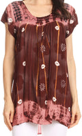 Sakkas Short Sleeve Tie Dye Gingham Peasant Top with Sequin Embroidery#color_Brown
