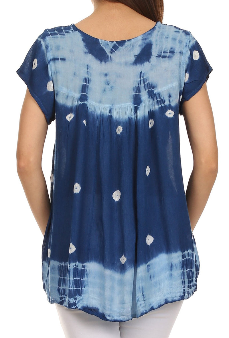 Sakkas Short Sleeve Tie Dye Gingham Peasant Top with Sequin Embroidery