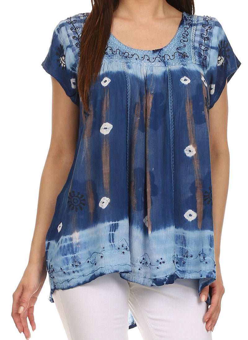 Sakkas Short Sleeve Tie Dye Gingham Peasant Top with Sequin Embroidery