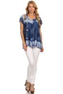 Sakkas Short Sleeve Tie Dye Gingham Peasant Top with Sequin Embroidery