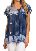 Sakkas Short Sleeve Tie Dye Gingham Peasant Top with Sequin Embroidery#color_Dark Blue Brown
